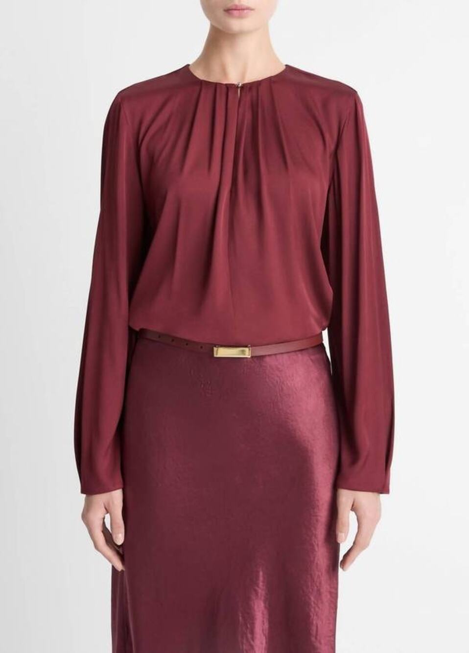 Vince Silk Blend Pleated Neck Blouse in Bordeaux L
